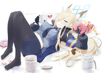 1girl absurdres ahoge animal_ear_fluff animal_ears armband artist_name black_gloves black_jacket black_pantyhose blonde_hair blue_archive blue_armband blue_eyes blue_halo blue_jacket blue_necktie blue_skirt blush breasts candy candy_moon777 chips_(food) chocolate chocolate_bar coffee_mug crumbs crying crying_with_eyes_open cup dog_ears donut food full_body gloves grey_shirt hair_over_one_eye halo highres holding holding_cup holding_donut holding_food ice_cream_tub jacket kanna_(blue_archive) large_breasts long_hair looking_at_viewer lying mug navel necktie pantyhose paw_print pencil_skirt sharp_teeth shirt skirt snot solo spoken_broken_heart spoon steam tears teeth trembling two-sided_fabric two-sided_jacket white_background