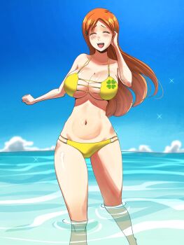 1girl bare_shoulders bikini bleach blue_sky closed_eyes cloud collarbone commentary english_commentary female_focus happy inoue_orihime navel ocean open_mouth orange_hair partially_submerged ririvart shiny_skin sky solo solo_focus standing stomach swimsuit teeth tongue upper_teeth_only water wet