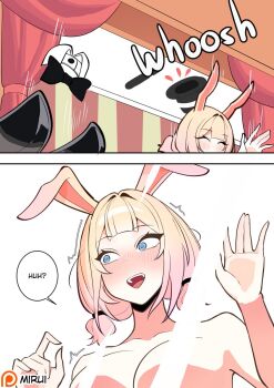 1girl @_@ animal_ears artist_name black_bow black_bowtie blonde_hair blue_eyes blush bow bowtie breasts censored censored_nipples closed_eyes collar commentary detached_collar double-parted_bangs embarrassed english_commentary hand_up highres large_breasts light_censor looking_to_the_side magic_trick mirui09 motion_lines nude open_mouth original rabbit_ears rabbit_girl short_hair smile sound_effects speech_bubble teleportation twitching white_collar