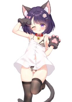 1girl :q absurdres animal_ear_fluff animal_ears animal_hands arm_up armpits azur_lane black_bra black_hair black_panties black_thighhighs blush bra breasts bush_(azur_lane) cat_ears cat_girl cat_tail collar crotchless crotchless_panties gloves groin hair_ornament hairclip highres leg_up loli navel no_pants one_eye_closed panties paw_gloves pink_eyes pussy qian_hen shirt short_hair sleeveless sleeveless_shirt small_breasts smile solo standing standing_on_one_leg tail thigh_gap thighhighs thighs tongue tongue_out underwear white_shirt