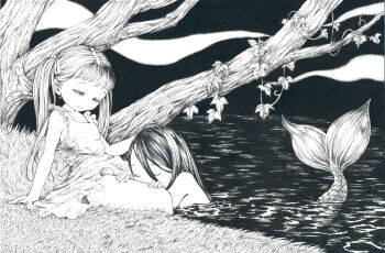 2girls absurdres black_hair closed_eyes collarbone commentary_request dress fins fish_tail frills grass greyscale hair_tie hand_on_floor headpat highres grabbing_another's_thighs in_water kodomo_doushi leaf loli merfolk mermaid monochrome monster_girl multiple_girls no_bra ocean original pen_(medium) resting sato_(osappun) scales scenery smile tail traditional_media tree twintails white_hair yuri