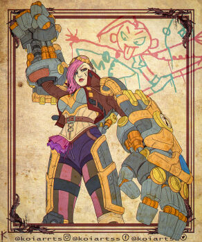 1girl arm_up artist_name belt breasts brown_belt brown_jacket brown_pants character_name closed_mouth cropped_jacket facial_tattoo from_below gauntlets goggles goggles_on_head highres jacket jinx_(league_of_legends) koiarts large_breasts league_of_legends looking_at_viewer open_clothes open_jacket pants pink_hair pink_pants purple_pants short_hair solo striped_clothes striped_pants tattoo vi_(league_of_legends)