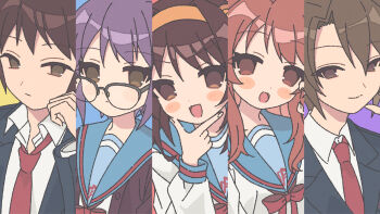 Rule 34 | 2boys, 3girls, :d, absurdres, asahina mikuru, blazer, blue sailor collar, blush stickers, brown eyes, brown hair, closed mouth, collared shirt, expressionless, glasses, green jacket, hairband, highres, jacket, kita high school uniform, koizumi itsuki, kyon, long sleeves, looking at viewer, multiple boys, multiple girls, nagato yuki, nanonome, necktie, open mouth, orange eyes, orange hair, purple hair, red necktie, red ribbon, ribbon, sailor collar, school uniform, serafuku, shirt, short hair, smile, sos brigade, suzumiya haruhi, suzumiya haruhi no yuuutsu, tongue, white shirt, winter uniform, yellow hairband