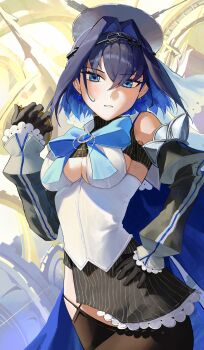 1girl blue_eyes blue_hair bow bow_earrings breasts chain chain_headband closed_mouth clothing_cutout duplicate earrings fanged_bangs feather_hair_ornament feathers gloves hair_intakes hair_ornament heart-shaped_gem highres holding hololive hololive_english holopromise jellyfish_cut jewelry ouro_kronii ouro_kronii_(1st_costume) planet_hair_ornament ribbon_earrings solo underboob_cutout virtual_youtuber yukii91218