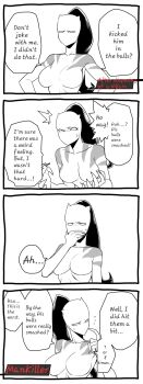 1girl 4koma ava_ayala ball_busting bodysuit claws comic crotch_kick hard-translated highres marvel ponytail spacezin third-party_edit translated white_tiger_(marvel)