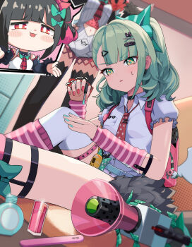 Rule 34 | 2girls, :3, absurdres, angels of delusion, applying manicure, aqua nails, bare shoulders, black necktie, black sleeves, black thighhighs, blush, bow, bowtie, bright pupils, chibi, clothing cutout, commentary, detached sleeves, diamond print, dress, fur-trimmed sleeves, fur trim, green bow, green bowtie, green hair, hair bow, hair ornament, hands up, heart hairclip, highres, holding, junmin, long hair, looking at another, looking down, megaphone, multicolored nails, multicolored necktie, multiple girls, multiple views, nail polish, nangong yu, navel, navel cutout, necktie, open mouth, parted lips, pink bag, pink socks, ponytail, puffy sleeves, purple hair, purple streaks, red eyes, red nails, red necktie, shirt, short sleeves, single thighhigh, sitting, socks, standing, striped clothes, striped necktie, striped socks, sunna (zenless zone zero), sweatdrop, thighhighs, two-tone nails, two-tone necktie, white dress, white pupils, white shirt, white thighhighs, x hair ornament, zenless zone zero