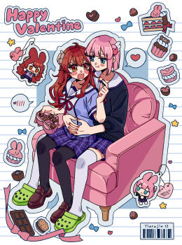 2girls absurdres artist_name barcode black_pantyhose blue_eyes blush box brown_shoes cake cake_slice candy chiyoda_momo chocolate chocolate_heart commentary_request couple crocs cupcake food hands_on_another's_waist happy_valentine heart heart-shaped_box heart-shaped_food highres holding holding_chocolate holding_food loafers long_hair machikado_mazoku multiple_girls open_mouth outline pantyhose pink_hair plaid_clothes plaid_skirt pleated_skirt purple_skirt rajin red_eyes red_hair romaji_commentary school_uniform shoes short_hair sitting sitting_on_lap sitting_on_person skirt spoken_heart star_(symbol) thighhighs valentine white_outline white_thighhighs yoshida_yuuko yuri