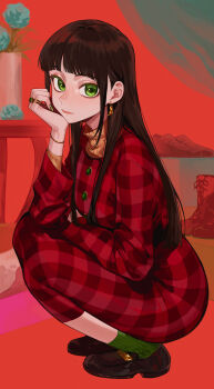 1girl absurdres black_hair black_shoes blue_flower blunt_bangs blunt_ends boots bracelet breasts brown_sweater buttons closed_mouth commentary_request dress earrings fingernails flower from_side full_body gem green_eyes green_gem green_nails green_socks head_rest highres indoors itou_(very_ito) jewelry kurosawa_dia legs_together lips long_fingernails long_hair looking_at_viewer looking_to_the_side love_live! love_live!_sunshine!! medium_breasts nail_polish plaid_clothes plaid_dress red_background red_dress red_theme ring shoes sidelocks socks solo squatting straight_hair sweater table turtleneck turtleneck_sweater unworn_boots unworn_shoes vase