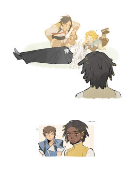 ... 2boys 3girls ? absurdres alucard_(castlevania) annette_(castlevania) black_cape black_hair blue_eyes braiding_another's_hair brown_eyes brown_hair cape castlevania:_nocturne castlevania_(series) closed_eyes closed_mouth commentary dark-skinned_female dark_skin dreadlocks highres j-em-g long_hair multiple_boys multiple_girls musical_note open_mouth orange_hair richter_belmont short_hair sleeping spirit spoken_musical_note staring stifled_laugh stunned_silence symbol-only_commentary sypha_belnades trevor_c._belmont vampire white_background white_hair