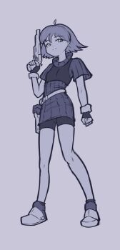 Rule 34 | 1girl, ahoge, closed mouth, commentary, dawnfire, english commentary, eyelashes, fingerless gloves, full body, gloves, gun, highres, holding, holding gun, holding weapon, monochrome, original, shoes, short hair, short shorts, shorts, simple background, smile, socks, solo, split mouth, standing, sweater, weapon