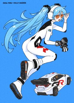 adjusting_eyewear ass black_hairband blue_background blue_hair blue_nails bodysuit boots breasts car cleats commentary english_commentary english_text floating_hair from_behind gloves hair_ornament hairband hatsune_miku headphones highres holding holding_gloves holding_unworn_clothes japanese_flag kneehighs leaning_forward logo long_hair looking_at_viewer medium_breasts motor_vehicle open_mouth orange-tinted_eyewear race_vehicle racecar racing_suit shiny_clothes simple_background single_glove skin_tight smile socks sunglasses swedish_flag tinted_eyewear toyota_gazoo_racing toyota_gr_yaris toyota_yaris truffleduster twintails unworn_gloves very_long_hair vocaloid white_bodysuit white_boots white_car world_rally_championship