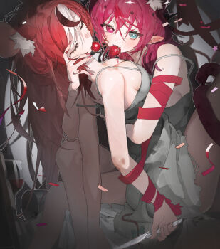 2girls absurdres alcohol alternate_costume animal_ears black_hair black_streaks blue_eyes bow breasts cherry chocosong cleavage closed_eyes confetti cup double-parted_bangs double_halo dress drinking_glass fang food food_in_mouth fruit grey_dress hair_between_eyes hakos_baelz halo highres holding holding_knife hololive hololive_english horns hug irys_(hololive) knife large_breasts long_hair looking_at_viewer medium_breasts mouse_ears mouse_girl mouse_tail multiple_girls pointy_ears purple_hair red_hair red_streaks sitting spaghetti_strap star-shaped_pupils star_(symbol) star_halo strap_slip symbol-shaped_pupils tail tail_bow tail_ornament torn_clothes torn_dress very_long_hair virtual_youtuber white_streaks wine wine_glass yuri