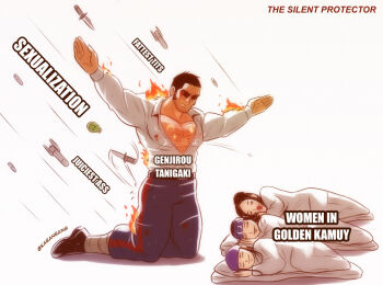 1boy 3girls arms_up asirpa bang_dacy beard bed_sheet blood blood_on_face blue_pants bomb bouncing brown_eyes burning bursting_pectorals buzz_cut chest_hair child closed_eyes collared_jacket deflect english_text explosive facial_hair full_body gaiters golden_kamuy hairy ienaga_kano inkarmat jacket kneeling large_pectorals long_sideburns long_sleeves meme missile motion_lines multiple_girls muscular muscular_male on_bed pants partially_unbuttoned pectoral_cleavage pectorals short_hair sideburns sleeping speed_lines stubble tanigaki_genjirou the_silent_protector_(meme) thick_eyebrows thick_thighs thighs very_short_hair