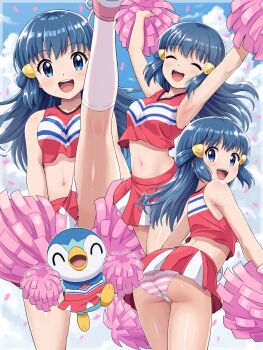 1girl absurdres armpits ass bare_shoulders blue_eyes blue_hair blush cameltoe cheering cheerleader confetti crop_top crop_top_overhang dawn_(pokemon) gen_4_pokemon hair_ornament hairclip highres holding holding_pom_poms leg_up long_hair looking_at_viewer midriff miniskirt navel nintendo panties piplup pleated_skirt pokemoa pokemon pokemon_(anime) pokemon_(creature) pokemon_the_series:_diamond_and_pearl pom_pom_(cheerleading) pom_poms skirt striped_clothes striped_panties underwear