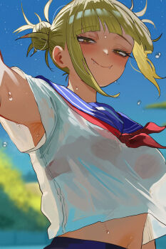 1girl absurdres armpits blonde_hair blue_sailor_collar blue_sky blunt_bangs blush boku_no_hero_academia bra_visible_through_clothes closed_mouth commentary day english_commentary fangs hair_bun half-closed_eyes highres looking_at_viewer looking_down messy_hair midriff_peek navel neckerchief outdoors red_neckerchief sailor_collar sailor_shirt school_uniform shirt short_sleeves sky smile solo toga_himiko upper_body water_drop white_shirt yellow_eyes zd_(pixiv6210083)
