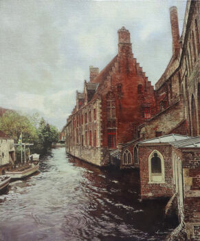 absurdres arched_window boat brick_wall building canal church commentary_request day highres house naohiro_ito no_humans oil_painting_(medium) original painting_(medium) photorealistic realistic town traditional_media water watercraft window