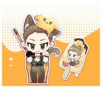 Rule 34 | 1boy, :3, a1binos1ug, animal ear fluff, animal ears, animification, bare arms, black boots, black gloves, black pants, blue eyes, boots, bow, brown hair, brown tail, cat boy, cat ears, cat tail, chibi, chibi only, chocolate, cinnamoroll, closed mouth, clothes writing, commentary request, crossover, cup, english text, eric harris, food, forehead, fruit, full body, fuwa fuwa cinnamoroll, gloves, green eyes, hair behind ear, hands up, in container, in cup, kemonomimi mode, knee boots, lace-up boots, looking at viewer, male focus, no nose, orange (fruit), orange bow, orange slice, outline, pants, polka dot, polka dot background, popsicle, real life, sanrio, shirt, short hair, short sleeves, simple background, single glove, smile, solo, spiked hair, standing, straight-on, t-shirt, tail, tsurime, two-tone background, very short hair, white background, white outline, white shirt