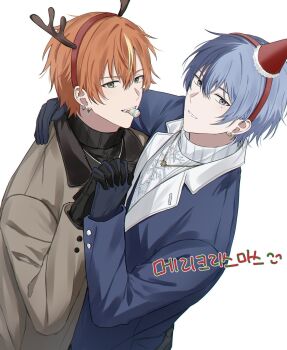 Rule 34 | 2boys, aoyagi touya, arm around neck, bad id, bad twitter id, black gloves, black sweater, blonde hair, blue coat, blue hair, clenched teeth, coat, earrings, fake antlers, food, gloves, grey coat, grey eyes, hairband, hand up, highres, holding hands, interlocked fingers, jewelry, korean text, lapels, layered clothes, long sleeves, looking at viewer, male focus, mole, mole under eye, multicolored hair, multiple boys, notched lapels, orange hair, parted lips, project sekai, shinonome akito, short hair, simple background, smile, snowflake earrings, split-color hair, streaked hair, sweater, teeth, translation request, turtleneck, turtleneck sweater, two-tone hair, white background, white sweater, yangaengso, yaoi