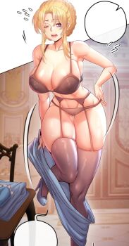 1girl bare_shoulders black_bra black_panties black_thighhighs blank_speech_bubble blonde_hair blue_dress blue_eyes blue_footwear blush bra braid breasts chair cleavage collarbone dress etidekailo flying_sweatdrops garter_belt gluteal_fold grey_panties grey_thighhighs high_heels highres large_breasts lingerie navel one_eye_closed open_mouth panties sidelocks skindentation solo speech_bubble standing standing_on_one_leg table thigh_gap thighhighs thighs underwear undressing