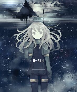 Rule 34 | 1girl, air bubble, bodysuit, bubble, closed mouth, commentary request, cropped jacket, diving suit, grey eyes, grey hair, grey hat, grey jacket, hat, holding, jacket, kantai collection, long hair, looking at viewer, oluha, pale skin, solo, u-511 (kancolle), underwater, water, wetsuit