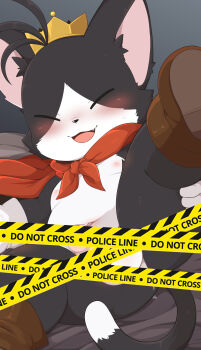 1boy absurdres animal_ears ass black_fur blush boots cait_sith_(final_fantasy) cape cat_boy cat_ears cat_tail caution_tape censored closed_eyes crown final_fantasy final_fantasy_vii furry furry_male highres leg_lift male_focus multicolored_fur navel nipples open_mouth paid_reward_available red_cape shota smile suggestive_fluid tail testicle_peek testicles toruu_(kzpm2483) white_fur