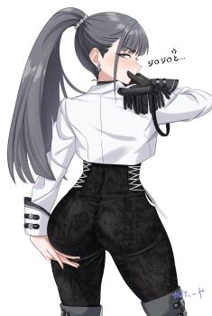 1girl amaya_tsubame armor ass black_gloves blue_eyes blunt_bangs commentary_request earrings flour_clavicule gakuen_idolmaster gloves grey_hair hand_on_own_ass highres idolmaster jacket jewelry long_hair long_sidelocks pants pauldrons ponytail shoulder_armor sidelocks single_pauldron skin_tight very_long_hair white_background