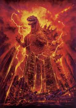 Rule 34 | bird, building, city, destruction, dinosaur, electricity, energy, epic, fangs, glowing, glowing eyes, godzilla, godzilla (series), highres, kaiju, movie poster (medium), no humans, no pupils, official art, ohrai noriyoshi, orange electricity, orange eyes, red sky, seagull, sharp teeth, sky, skyscraper, spikes, tail, teeth, textless version, the return of godzilla, toho