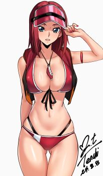 1girl absurdres alternate_costume artist_name ass bikini blue_eyes breasts cleavage code_geass code_geass:_lost_stories commentary curvy dated front-tie_bikini_top front-tie_top gluteal_fold green_eyes hat highres kouzuki_kallen large_breasts multi-strapped_bikini_bottom official_alternate_costume red_bikini red_hair red_hat red_vest revision shiny_skin short_hair signature solo straight_hair swimsuit thong thong_bikini variant_set vest visor_cap wide_hips yoo_tenchi