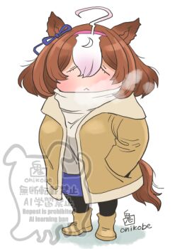 1girl ahoge animal_ears black_pantyhose blue_skirt blush boots bow breath brown_coat brown_hair closed_eyes closed_mouth coat commentary_request double-parted_bangs ear_ribbon hair_between_eyes hairband hands_in_pockets horse_ears horse_girl horse_tail long_sleeves meisho_doto_(umamusume) multicolored_hair onikobe_rin pantyhose pink_hairband short_hair simple_background skirt sweater tail two-tone_hair umamusume white_background white_hair white_sweater