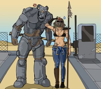 1boy 1girl absurdres anger_vein armor black_bra bra brown_gloves desert enclave_(fallout) fallout fallout_2 fence gloves greaves height_difference helmet highres holding holding_polearm holding_weapon jewelry necklace pauldrons polearm power_armor salute shoulder_armor single_glove single_greave single_pauldron spear sweatdrop tattoo the_chosen_one toffee_32 tollbooth tooth_necklace underwear vault_suit weapon