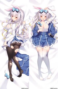 1girl absurdres animal_ears arm_up black_pantyhose blue_bow blue_jacket blue_skirt blush bow breasts commentary_request dakimakura_(medium) fujisaki_hikari grey_hair hair_bow highres jacket large_breasts long_hair long_sleeves looking_at_viewer lying mochizuki_himari multicolored_hair multiple_views no_shoes on_back on_bed on_side open_clothes open_mouth pantyhose rabbit_ears shirt skirt socks thighband_pantyhose torn_clothes torn_pantyhose uni_create virtual_youtuber white_shirt white_socks yellow_eyes