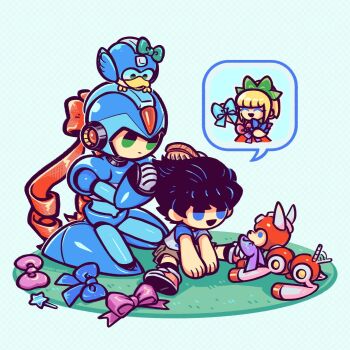 2boys armor beat_(mega_man) black_hair blue_armor blue_eyes blue_helmet brown_shorts brushing_hair chibi forehead_jewel green_eyes group_picture helmet highres in-franchise_crossover laser-lance mega_man_(character) mega_man_(classic) mega_man_(series) mega_man_x_(series) multiple_boys non-humanoid_robot robot robot_animal robot_bird robot_dog roll_(mega_man) rush_(mega_man) shorts spoken_character x_(mega_man)