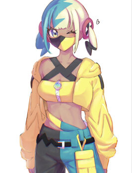 1girl arms_at_sides bandeau belt black_belt blue_eyes canari_(pokemon) commentary_request cowboy_shot eyelashes heart highres jacket long_sleeves looking_at_viewer mask mouth_mask multicolored_hair nintendo one_eye_closed open_clothes open_jacket pants pokemon pokemon_legends:_z-a shigure_(pkmn12261485) simple_background solo twintails white_background yellow_bandeau yellow_jacket zipper zipper_pull_tab