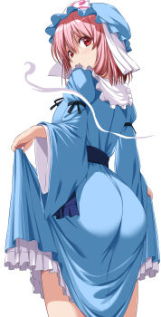 Rule 34 | 1girl, :o, absurdres, ass, blue dress, blue hat, commentary request, dress, from behind, hat, highres, long sleeves, looking at viewer, nori tamago, pink hair, red eyes, saigyouji yuyuko, simple background, solo, standing, thighs, touhou, triangular headpiece, white background, wide sleeves