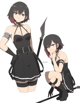 1girl ar_jart artist_name bare_shoulders black_choker black_dress black_gloves black_hair choker cosplay dress gloves grey_eyes multicolored_hair red_hair ruby_rose rwby sousou_no_frieren ubel_(sousou_no_frieren) ubel_(sousou_no_frieren)_(cosplay)