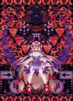 1girl abstract_background absurdres blonde_hair boku_(isizakitakasi) bow breasts disembodied_hand dress eye_of_providence eye_symbol gap_(touhou) hat hat_bow hat_ribbon high_heels highres iridescent jewelry large_breasts long_hair mob_cap pendant psychedelic red_clouds red_eyes red_ribbon red_shoes red_theme ribbon road_sign shoes short_dress sign solo stop_sign swept_bangs thighs too_many_eyes touhou very_long_hair yakumo_yukari
