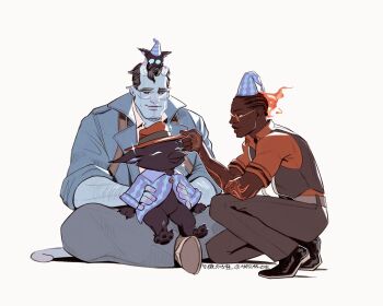 3boys abrams_(deadlock) absurdres animal animal_on_head arm_tattoo black-framed_eyewear black_cat black_hair black_sclera black_shoes black_vest blue_jacket blue_skin broken_horn brown_hat brown_shoes cat character_request check_character collared_shirt colored_sclera colored_skin commentary_request cornrows dark-skinned_male dark_skin deadlock_(game) formal_clothes glasses grey_pants hand_on_another's_hat hand_tattoo hat highres horns infernus_(deadlock) jacket looking_at_another male_focus matlab_exe multiple_boys on_head orange-framed_eyewear orange-tinted_eyewear orange_suit pants shirt shoes short_hair simple_background sitting suit tail tattoo tinted_eyewear vest waistcoat white_background white_horns white_shirt yellow_eyes