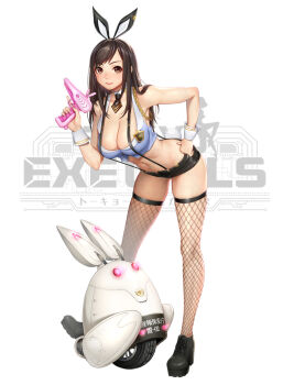 1girl animal_ears bare_shoulders black_necktie black_shoes breasts brown_eyes brown_hair cleavage cropped_vest detached_collar fake_animal_ears female_focus fingernails fishnet_legwear fishnets full_body gun hand_on_own_hip handgun highres holding holding_weapon large_breasts leaning_forward lips logo looking_at_viewer machine masami_chie midriff navel necktie official_art rabbit_ears rabbit_tail shoes shorts simple_background skindentation sleeveless smile solo standing suspenders tail tokyo_exe_girls trigger_discipline vest weapon wheel white_background wrist_cuffs