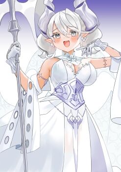 1girl armlet armored_corset armpit_crease blush demon_girl demon_horns demon_wings dress drill_hair duel_monster earrings gloves grey_eyes grey_hair hair_between_eyes hashtag-only_commentary highres holding holding_polearm holding_weapon horns jewelry lovely_labrynth_of_the_silver_castle open_mouth pointy_ears polearm smile solo strapless strapless_dress tora_army transparent_wings twin_drills weapon white_dress white_gloves wings yu-gi-oh!