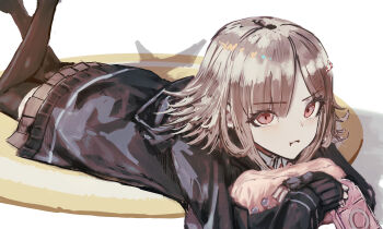 1girl absurdres brown_hair brown_thighhighs cokei commentary_request controller danganronpa_(series) danganronpa_2:_goodbye_despair flipped_hair game_controller hair_ornament highres holding holding_controller holding_game_controller jacket long_sleeves looking_at_viewer lying medium_hair nanami_chiaki on_stomach pleated_skirt pout skirt solo thighhighs