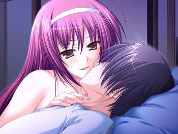 1boy 1girl bare_arms bare_shoulders boku_to_gonee_to_umi_no_year!! close-up couple game_cg hairband hetero long_hair lying nanami_kyouka on_back on_bed ookouchi_riku open_mouth red_hair smile tomose_shunsaku white_hairband yellow_eyes