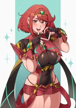 Rule 34 | 1girl, absurdres, black gloves, blush, bob cut, breasts, chest jewel, commentary, core crystal (xenoblade), covered navel, deliciousbrain, earrings, english commentary, fingerless gloves, floating earrings, four-finger heart hands, gem, gloves, headpiece, heart, heart hands, highres, jewelry, large breasts, looking at viewer, open mouth, pyra (xenoblade), red eyes, red hair, red shorts, short hair, short sleeves, shorts, smile, solo, sparkle, swept bangs, teeth, tiara, upper teeth only, xenoblade chronicles (series), xenoblade chronicles 2