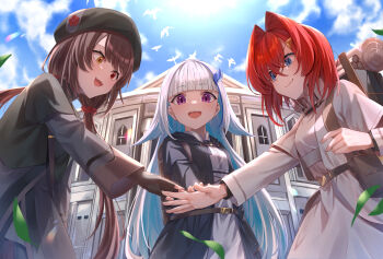 3girls :d absurdres ange_katrina backpack bag bedroll belt belt_pouch beret bird blue_eyes blue_hair blue_sky blunt_bangs breasts brown_bag brown_belt brown_gloves brown_hair cloud coat colored_inner_hair commentary_request day dress falling_leaves fingerless_gloves gloves grey_coat grey_hat group_picture hair_between_eyes hair_intakes hair_ornament hair_scrunchie hand_stack hat heterochromia highres holding_strap inui_toko leaf lens_flare light_particles lize_helesta long_hair long_sleeves low_twintails mansion medium_hair mikaze_raika multicolored_hair multiple_girls nijisanji official_alternate_costume open_mouth outdoors page_of_lambda parted_lips pouch purple_eyes red_eyes red_hair red_scrunchie sanbaka_(nijisanji) scrunchie sky slit_pupils small_breasts smile streaked_hair teeth triangle_hair_ornament twintails two-tone_hair upper_teeth_only very_long_hair virtual_youtuber white_bird white_coat white_dress white_hair yellow_eyes