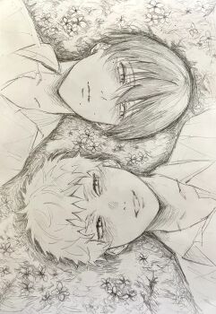 Rule 34 | 2boys, blush, closed mouth, collared shirt, greyscale, hair between eyes, highres, hikaru ga shinda natsu, idoo, indou hikaru, looking at another, lying, male focus, mole, mole on cheek, mole under eye, mole under mouth, monochrome, multiple boys, on back, on ground, shirt, short hair, slit pupils, smile, teeth, tsujinaka yoshiki