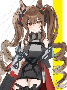 1girl absurdres alternate_breast_size_(larger) angelina_(arknights) animal_ears arknights arknights:_endfield bare_shoulders belt breasts coat commentary_request cowboy_shot diamond-shaped_pupils diamond_(shape) dot_nose dress fox_ears fox_girl gilberta_(arknights) grey_dress grin hair_between_eyes headpiece high_belt high_collar highres impossible_clothes impossible_dress large_breasts long_hair long_sidelocks long_sleeves looking_at_viewer nishimiya_aki off_shoulder one-hour_drawing_challenge open_clothes open_coat orange_eyes red_coat short_dress sidelocks sleeveless sleeveless_dress smile solo symbol-shaped_pupils thighhighs twintails white_background zettai_ryouiki