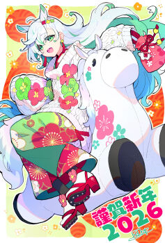 1girl 2026 animal_ears artist_name chinese_zodiac colored_inner_hair commentary_request earrings floral_print floral_print_kimono geta green_eyes green_kimono happy_new_year highres horse_ears horse_girl horse_tail horseback_riding japanese_clothes jewelry kimono long_hair multicolored_hair new_year print_kimono redrop riding sandals solo streaked_hair sweater tabi tail white_hair year_of_the_horse