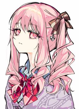 aimi_(mimi_nii2) akiyama_mizuki bags_under_eyes bow bowtie cardigan closed_mouth hair_ribbon hashtag-only_commentary highres looking_at_viewer medium_hair pink_eyes pink_hair portrait project_sekai red_ribbon ribbon shirt side_ponytail sidelocks simple_background solo white_background white_shirt