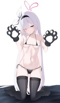 1girl absurdres animal_hands bikini black_bikini black_thighhighs blue_archive breasts commentary_request gloves hair_over_one_eye hairband halo highres long_hair micro_bikini navel paw_gloves plana_(blue_archive) small_breasts solo swimsuit thighhighs variant_set wodubian