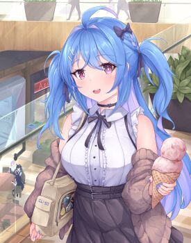 4girls :d absurdres alternate_hairstyle animal_ears azur_lane bare_shoulders black_bow black_hair black_ribbon black_skirt blue_hair blue_nails blush bow breasts casual cat_ears cat_girl cat_tail choker clothes_pull commentary english_commentary food fusou_(azur_lane) hair_between_eyes hair_bow hair_ornament hair_ribbon hairclip hand_up helena_(azur_lane) highres ice_cream indoors jacket jacket_pull kyl490 long_hair looking_at_viewer mall medium_breasts memphis_(azur_lane) multicolored_hair multiple_girls off_shoulder open_clothes open_jacket open_mouth pink_hair purple_hair rabbit_ears rabbit_girl ribbon skirt smile solo_focus souryuu_(azur_lane) standing tail teeth two-tone_hair upper_teeth_only very_long_hair