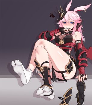 1girl absurdres animal_ears armor between_toes blue_eyes breasts commentary_request crossed_legs disgust earrings fingerless_gloves footjob fox_ears fox_mask full_body gauntlets gloves highres honkai_(series) honkai_impact_3rd japanese_armor jewelry large_breasts mask ninja panties pink_hair sandals soles solo stirrup_legwear tabi toeless_legwear underwear wenzheng147 white_panties yae_kasumi yae_sakura zouri